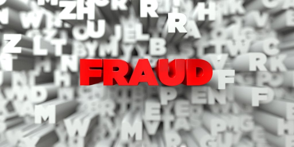 FRAUD - 3D stock image of Red text on white background