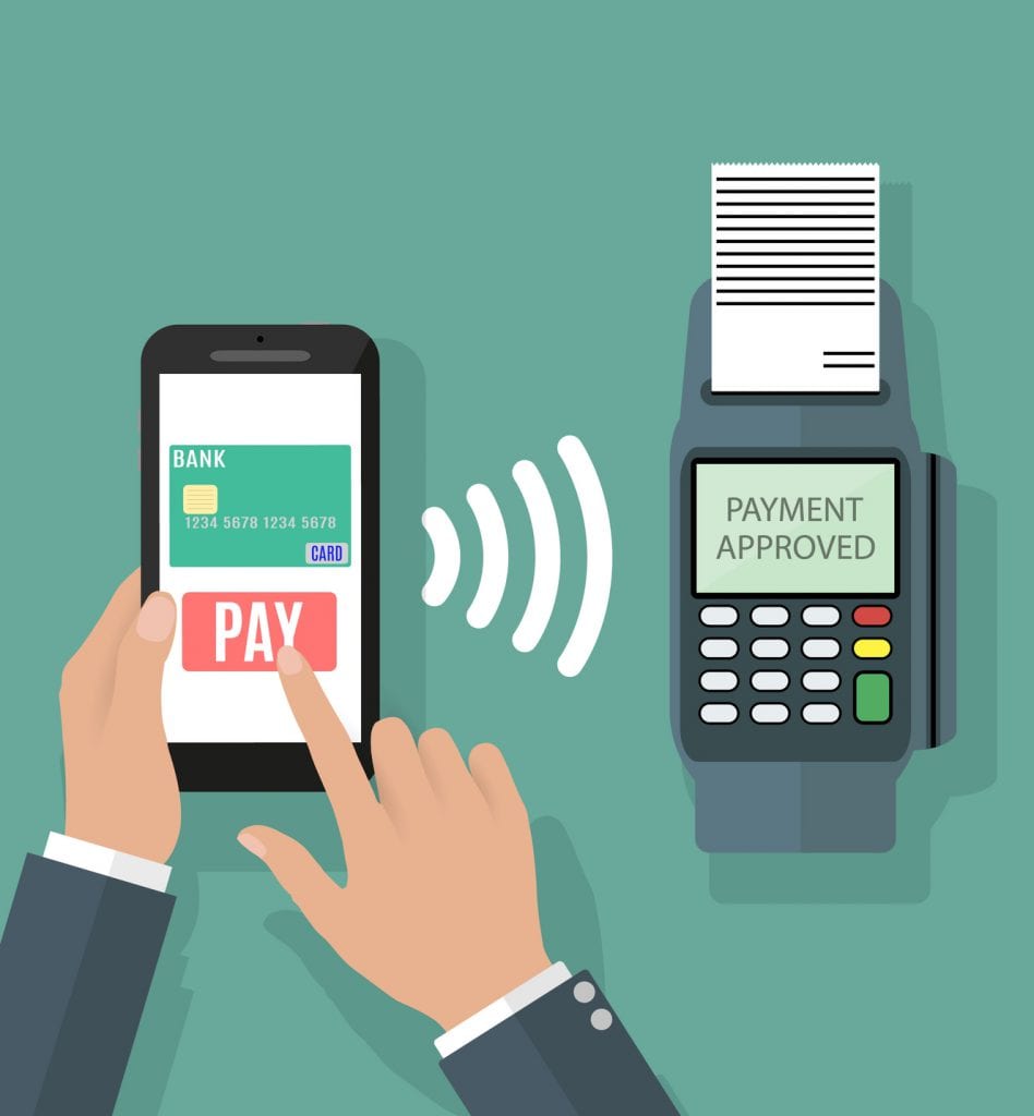 Pos terminal confirms the payment by smartphone. Vector illustration in flat design on green background. nfc payments concept