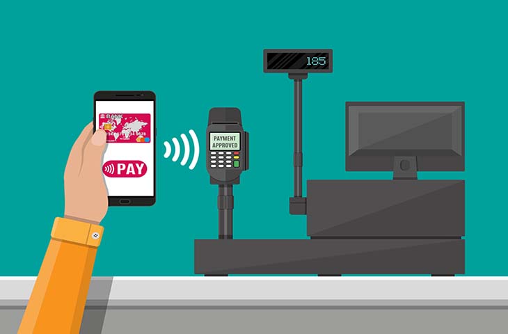 Pos terminal confirms payment by smartphone. Supermarket interior. Cashier counter workplace. Cash register and keypad. Vector illustration in flat style