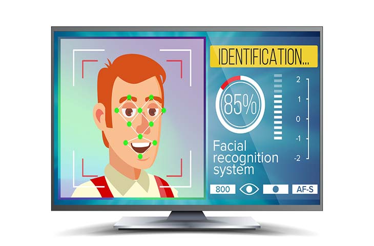 Face Recognition And Identification Vector. Face Recognition Technology. Face On Screen. Human Face With Polygons And Points. Scanning Security Illustration