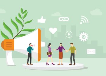 pr public relations business corporate concept with team people communicate with consumers and buyer with modern flat style - vector illustration