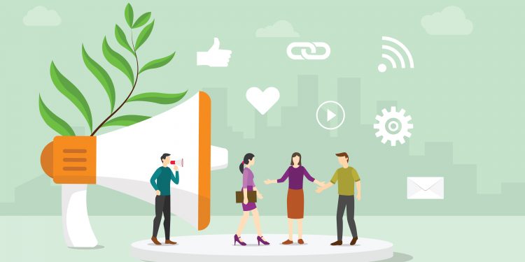 pr public relations business corporate concept with team people communicate with consumers and buyer with modern flat style - vector illustration