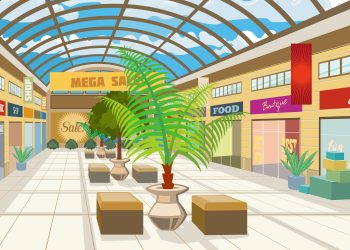 Shopping mall corridor with panoramic roof. Modern boutiques in mall with plants and benches. Shopping center concept. Vector illustration can be used for topics like consumerism, retail, precinct