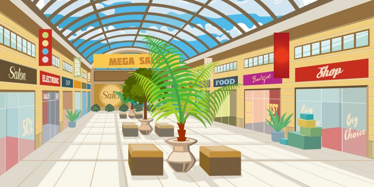 Shopping mall corridor with panoramic roof. Modern boutiques in mall with plants and benches. Shopping center concept. Vector illustration can be used for topics like consumerism, retail, precinct