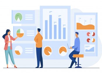 Office workers analyzing and researching business data vector illustration. Marketing analysts developing strategy. Business people studying infographics and diagrams on dashboard