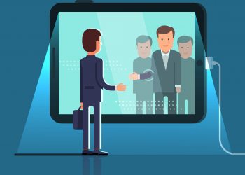 Business man reaching through the glass to shake hands with group of partners on conference video call via huge tablet computer. Flat style concept vector illustration isolated on dark background.