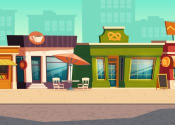 Urban street landscape with small shops and residential buildings in background, cartoon vector. Cityscape with pavement, facades of cafes, restaurant and bakeries, town poster
