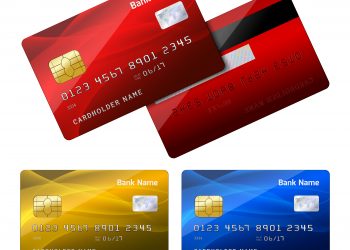 Front and back side of realistic bank credit card with security chip for shopping and payments isolated vector illustration