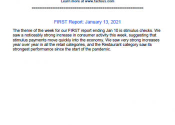 Facteus Insight Report On Consumer Spending and Transactions (FIRST) published 1/13/21
