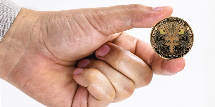 male hand holding e-RMB coin on isolated white background with space copy, china virtual money concept.