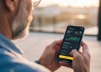 A man standing outdoors uses a cryptocurrency trading app on his smartphone. This represents mobile finance, freedom, and real-time investing.