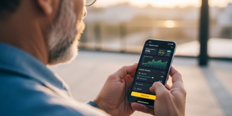 A man standing outdoors uses a cryptocurrency trading app on his smartphone. This represents mobile finance, freedom, and real-time investing.